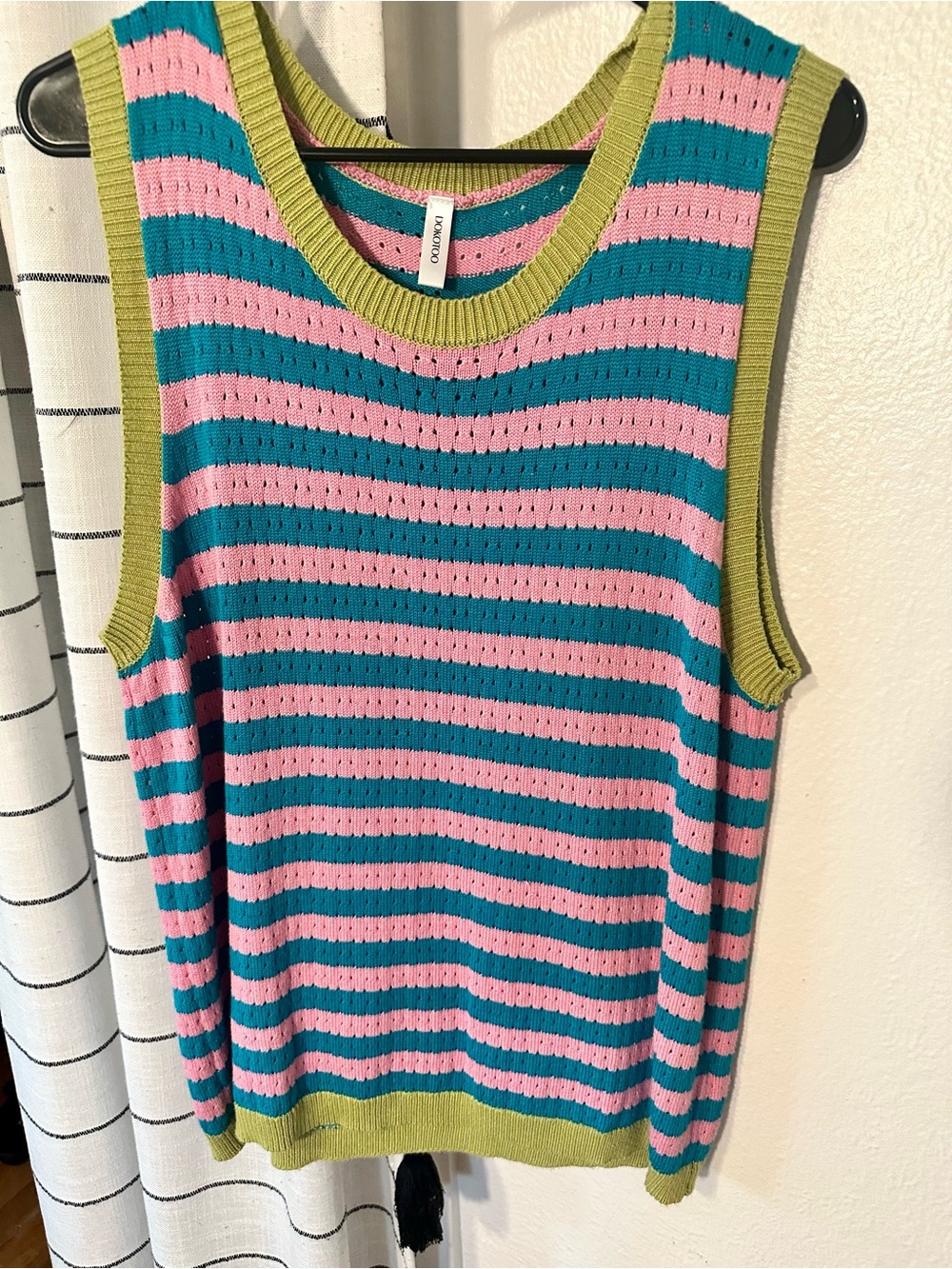 Striped Knit Tank Top in Pink & Teal with Olive Trim